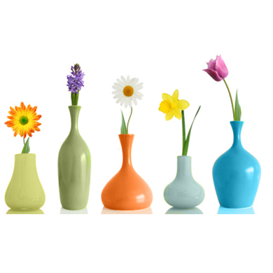 Individuelle Blumen in bunten Vasen